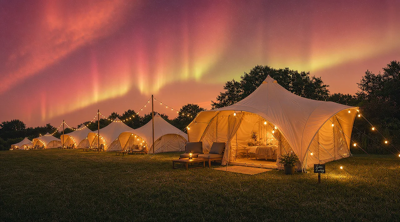 A lit canvas tent at dusk, seen across the meadow