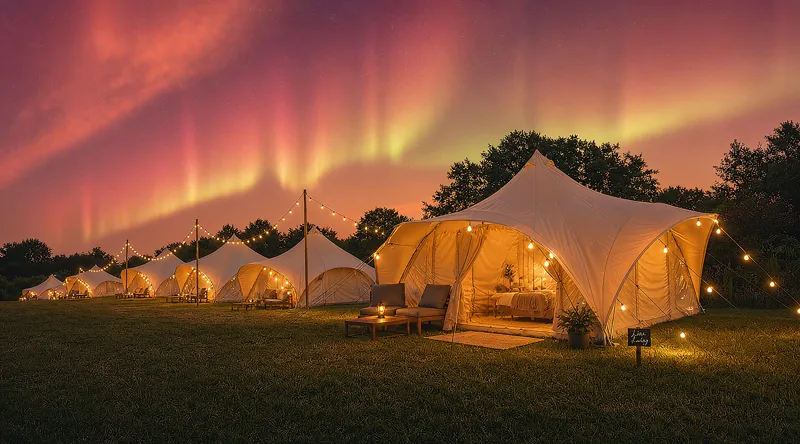 A lit canvas tent at dusk, seen across the meadow