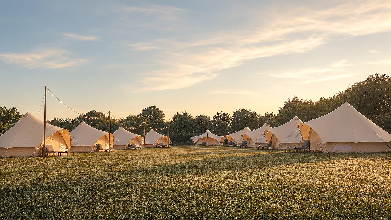A long row of cream canvas tents across an open field at golden hour