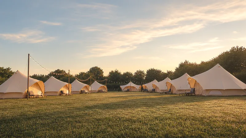 A long row of cream canvas tents across an open field at golden hour